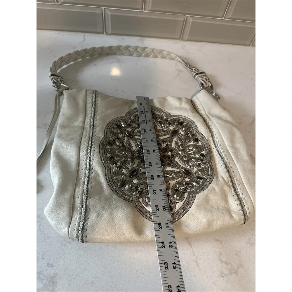 Brighton Pewter Anju Embellished Purse Jewel Masterpiece White‎ Leather Bag Hobo